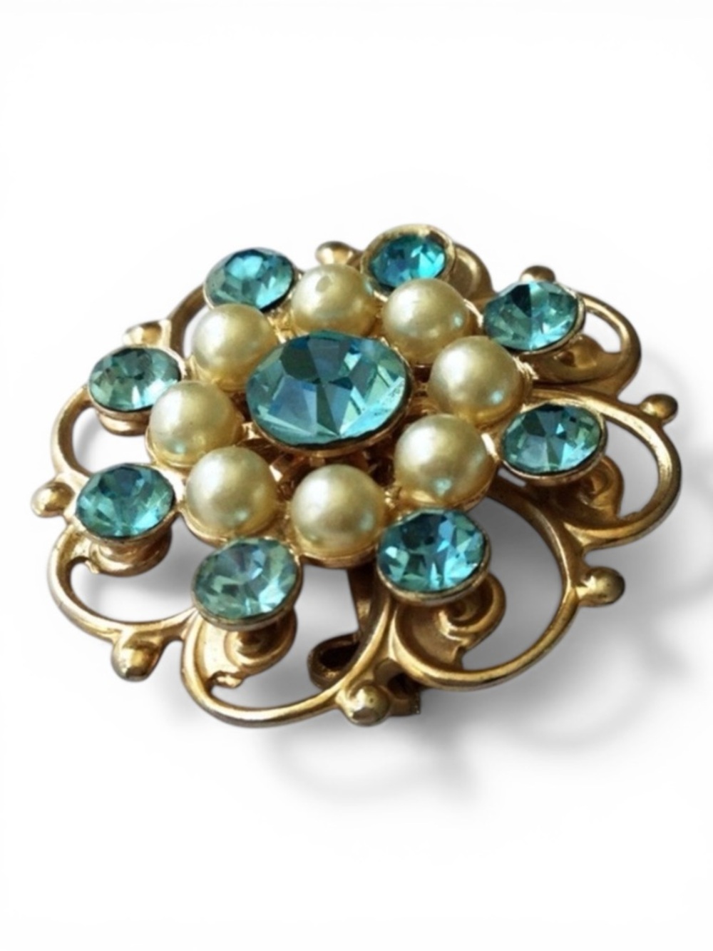 Vintage MCM Gold‑Tone Filigree Flower Brooch Turquoise Rhinestones & Faux Pearls - Picture 3 of 12